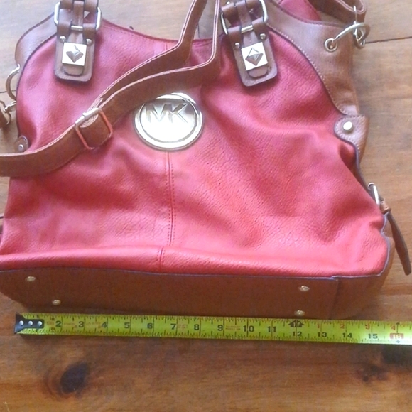 Michael Kors Red and Tan Shoulder Bag with Metallic Accents Double Handles - Picture 12 of 12